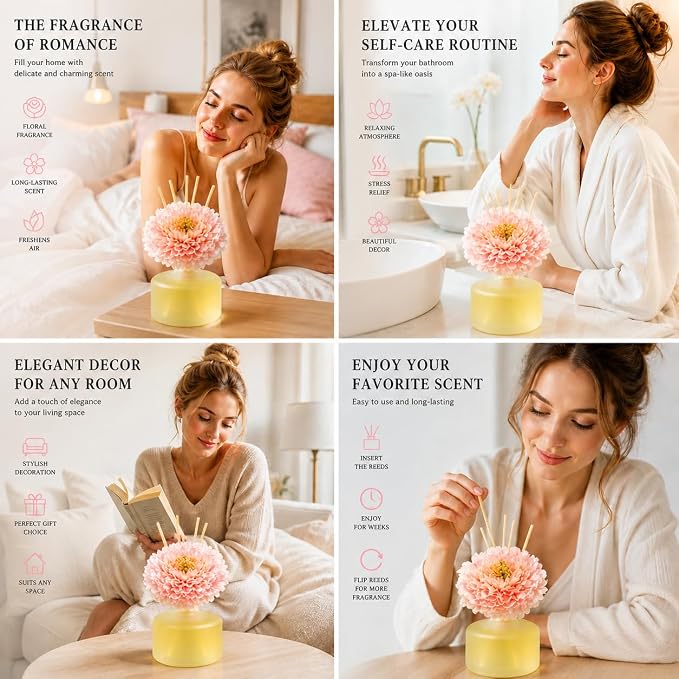 Reed Diffuser for Home – Inspired by My Way Fragrance – 3.38 Fl Oz – Includes Sakura Cherry Blossom Decorative Flower – Long Lasting Fragrance – Room Freshener for Bedroom, Bathroom, Office