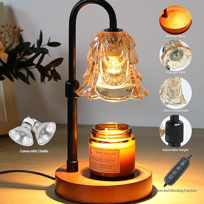 Dimmable Candle Warmer Lamp with Timer, Adjustable Height, 2 Bulbs - Wax Melt Warmer for Scented Wax and Jar Candles, Home Bedroom Decor