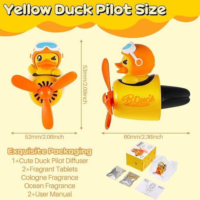 Tallew Car Air Freshener Cute Duck Car Vent Clip Diffuser with Rotating Propeller Outlet Vent 2.5" x 2.4" x 2.1" Easy to Install Included 2 Scents Aroma Tablets Aromatherapy Ornament Auto Accessories