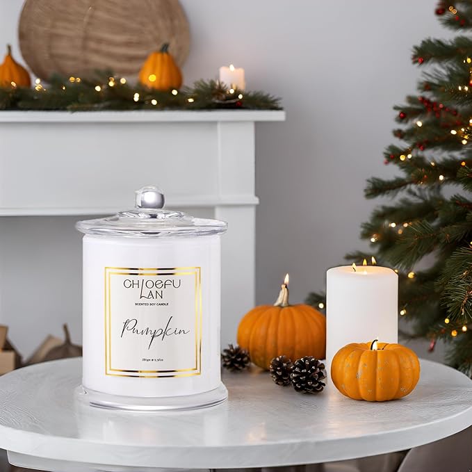 Pumpkin Candle, Fall Candles for Home Scented, Halloween Gifts for Women & Men, Natural Soy Scented Candles, Holiday Autumn Gift, Luxury Glass Jar, 75 Hours Long Burning, 10 oz