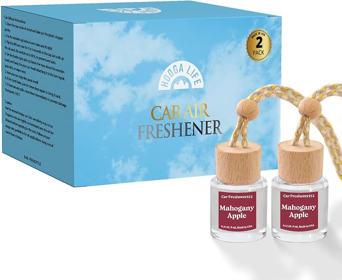 HoogaLife Car Air Freshener Diffuser 2 Pack Hanging Air Freshener Diffuser - Mahogany Apple Fragrance Oil Air D iffuser for Car, 45+ Days Long Lasting Fragrance Made in USA （MA112）