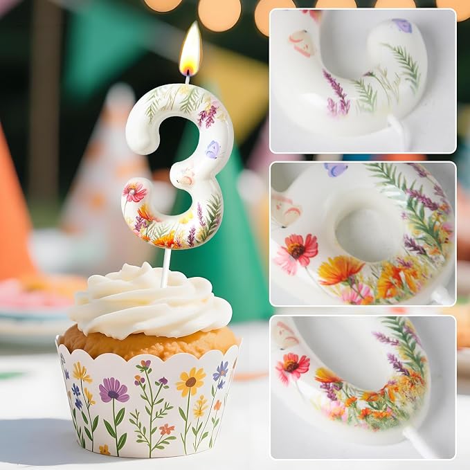 Number 3 Birthday Candle for Cake – Floral Botanical Design with Butterfly Detail – Elegant Cake Topper for Birthday, Garden Party Decoration