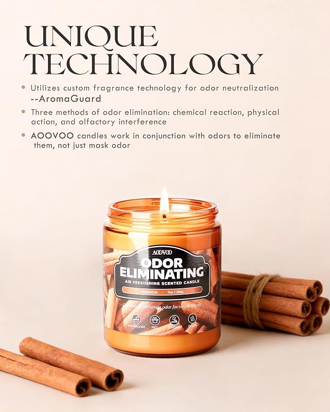 AOOVOO Cinnamon Odor Eliminating Highly Fragranced Candle - Eliminates 95% of Pet, Smoke, Food, and Other Smells Quickly, Non Toxic Air Freshing Soy Candle, 9 oz Up to 50 Hours Burn time