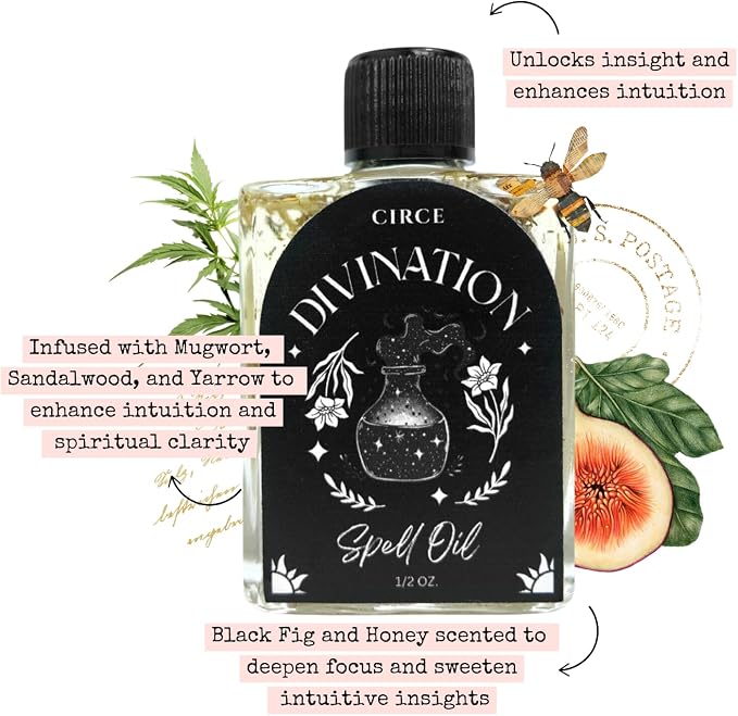 CIRCE Divination Spell Oil - Invite Clarity, Connection, Reflection & Insight - Add to Bath, Use in Rituals, Wear as Fragrance to Align w/Desires- Coconut Oil, Mugwort & Sandalwood Herbs - 1/2oz