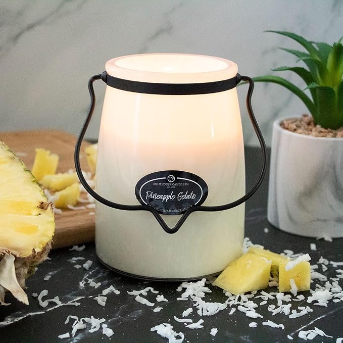 Milkhouse Candle Company Pineapple Gelato Soy Candle - Pineapple | Coconut | Vanilla Bean Scented - 22 oz Butter Jar with Lid, 120+ Hour Burn Time, Made in the USA