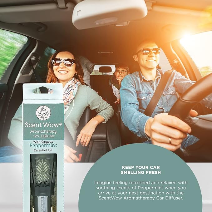 Belle Aroma ScentWow Aromatherapy - Peppermint Oil Car Diffuser for Essential Oils – Portable 12V Plug-In Mini Diffuser – Compact Travel Humidifier for Cars, Trucks & Small Spaces – Gray & Silver