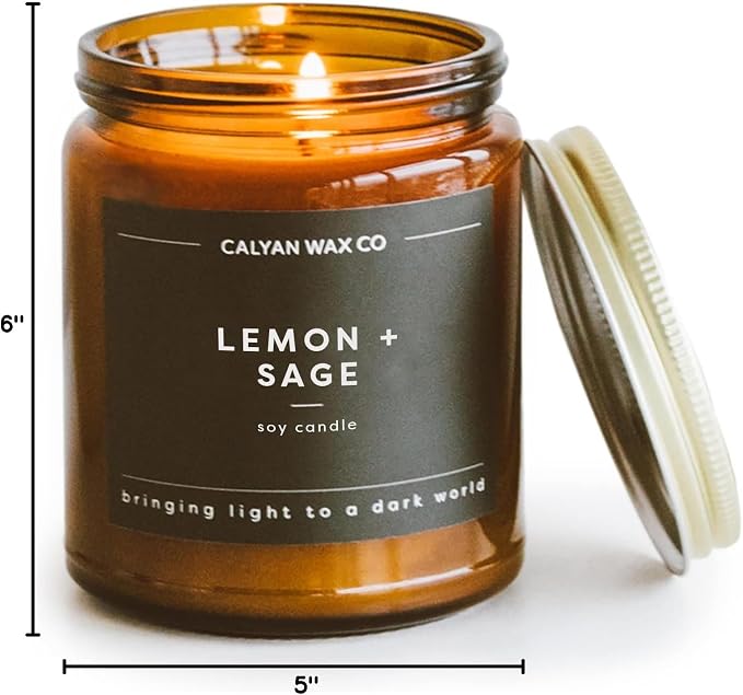 Calyan Wax Co. Lemon & Sage Scented Candle - 57 Hour Burn - Luxury Clean Soy Wax Candles - Long Lasting Amber Glass Jar Candle for Home - 7.2oz