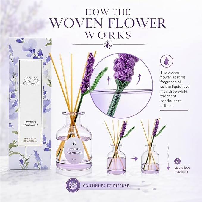 Vangie Lavender & Chamomile Reed Diffuser Set – Decorative Glass Bottle with Handmade Flower Diffuser, Long-Lasting Home Fragrance, Vegan & Cruelty-Free