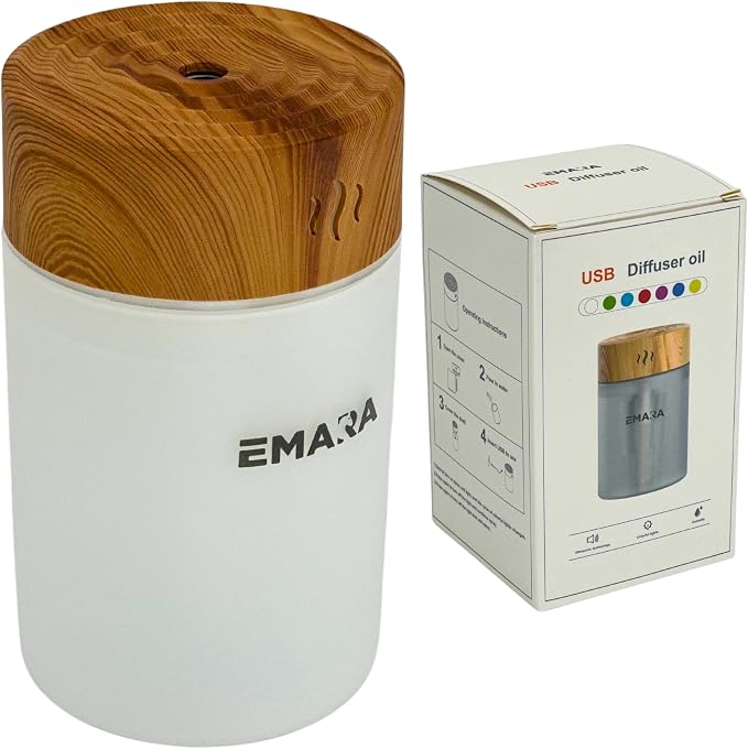Emara Mini Diffuser for Essential Oils USB Wood Grain LED Lights 260ml, Portable Diffuser for Essential Oils, Ultrasonic Mist Travel Diffuser, Small Essential Oil Diffusers Gift