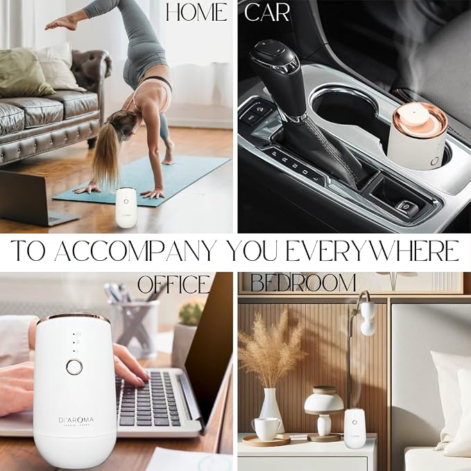 Waterless Essential Oil Diffuser – Portable Nebulizing Aroma Oil Diffuser for Car, Home & Office, USB Rechargeable, Silent Operation, No Water Needed, Di'Aroma (White)