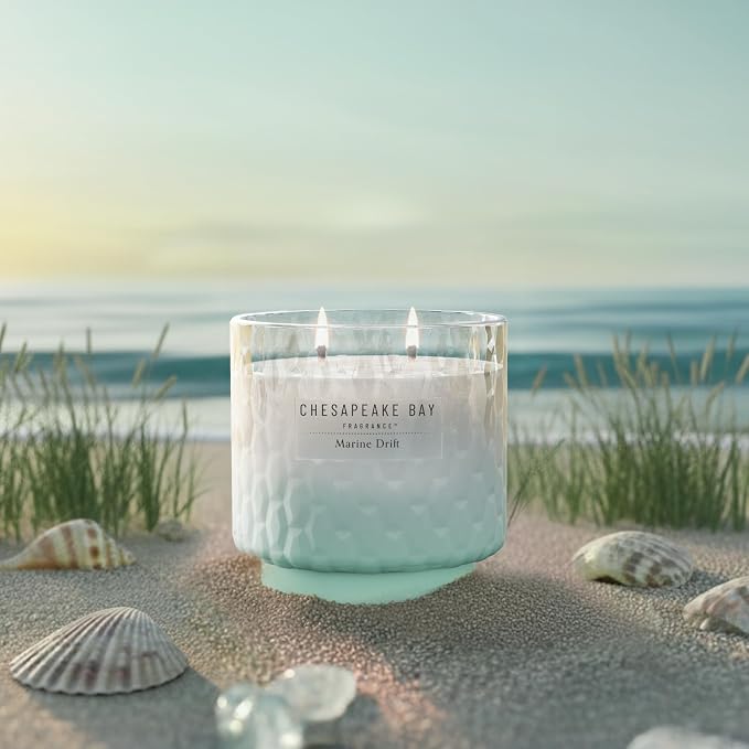 Chesapeake Bay, 11oz Marine Drift Scented Candle, Mood Evoking Fragrance, Textured Sea Glass-Inspired Jar, Premium Soy Blend Wax with Essential Oils, Coastal Fragrance for Home Décor or Gifting