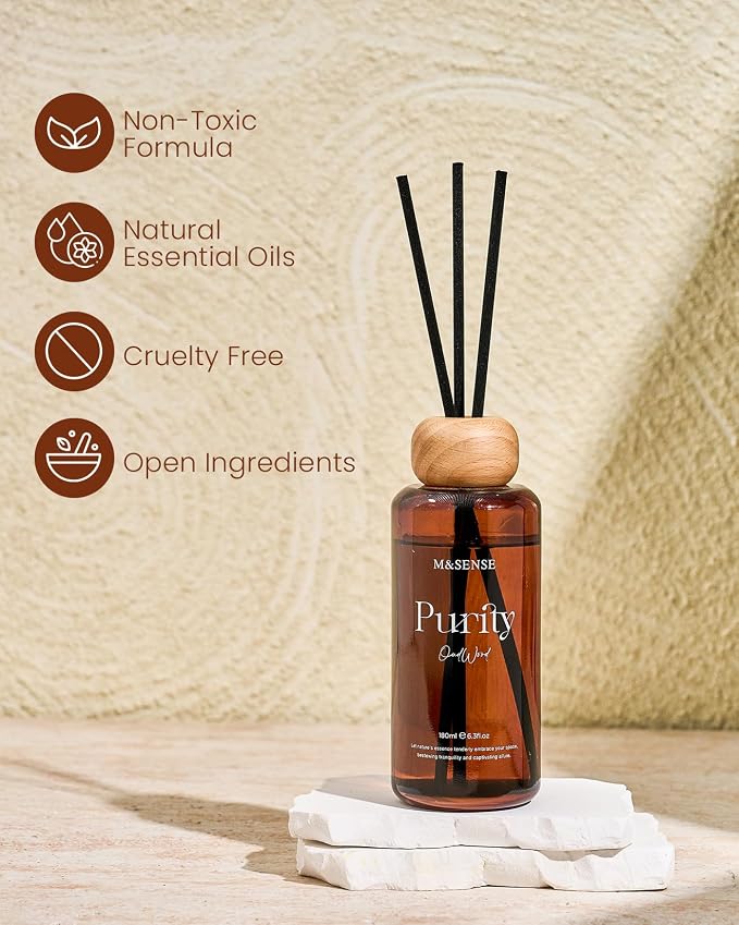 M&SENSE Oud Wood Reed Diffuser: Upgraded Formula 6.3 fl oz Non-Toxic Aroma Set with Sticks, Long-Lasting Natural Essential Oil Gifts for Home, Bedroom