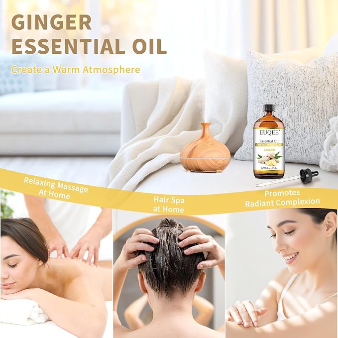 EUQEE Ginger Essential Oil 118mL Pure Ginger Oil, Large Bottle Premium Essential Oil with Glass Dropper for Diffuser, Candle Making, DIY Soap - 4fl. oz