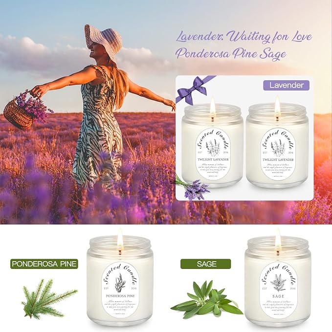 Scented Candle Gift Set, 4 Pack Soy Wax Scented Candles for Home – Lavender, Sage & Ponderosa Pine – Aromatherapy Candles for Relaxation, Stress Relief & Gifts for Women