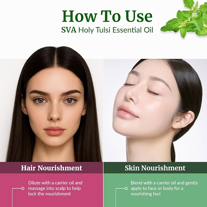 SVA Holy Tulsi Essential Oil – 1/3 Fl Oz – 100% Natural Tulsi Oil - for Diffuser, Hair Care, Face, Skin Care, Aromatherapy, Scalp and Body Massage, Soap and Candle Making