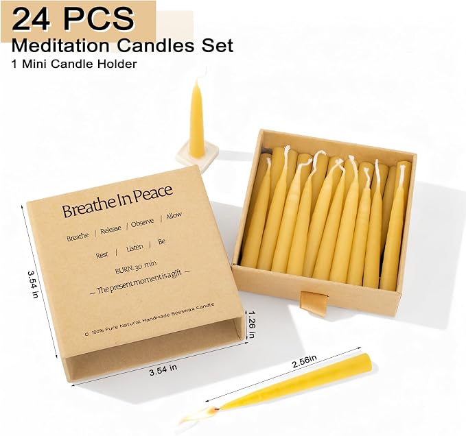 30 Minute Beeswax Meditation Candles, 100% Pure Bees Wax Mini Taper Candles with Small Holder - Smokeless & Dripless & Non-Toxic, Prayer Gift for Relaxation Yoga Women, 24Pcs