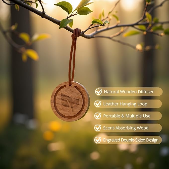 Lavender & Eucalyptus Essential Oils with Wood Car Diffuser | 100% Pure & Natural | Aromatherapy Set for Relaxation, Breathing, and Stress Relief | Hanging Diffuser with Leather Strap