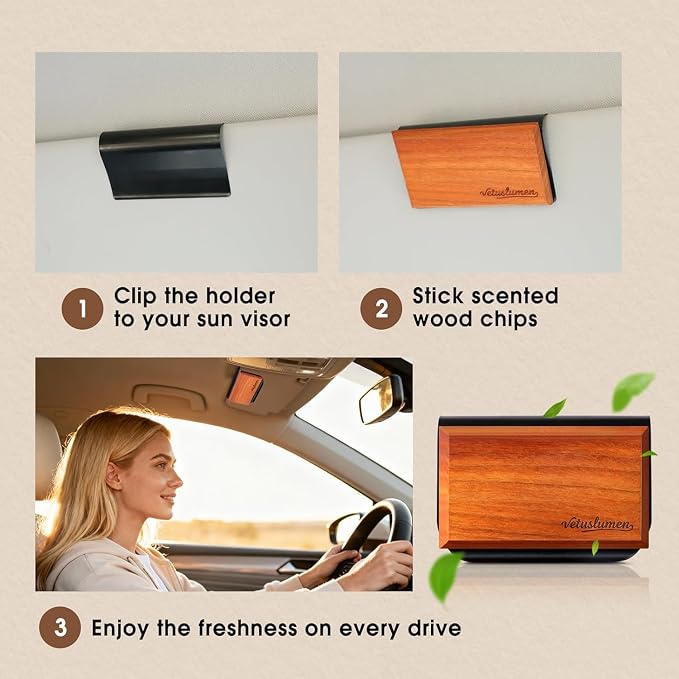 6 Pack Wood Car Air Freshener -3 Scents(Amber-Teak-Pine) Wooden Air Freshener, Natural Essential Oil Scents - Metal Clip Included