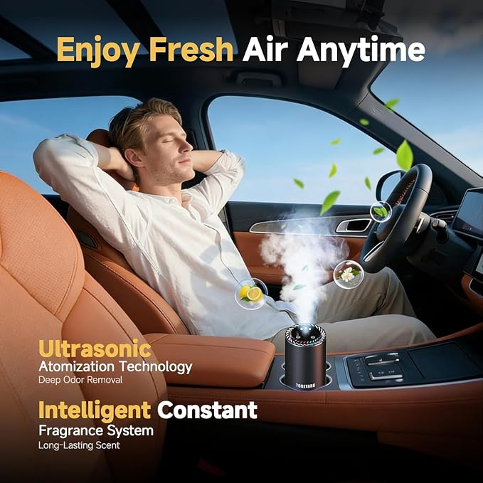 Smart Car Air Freshener with Star Light & 150ml Diffusers Oil Refills, Auto On/Off Aroma Diffuser, 3 Adjustable Modes Rechargeable Aromatizante para Carro - Car Diffuser（Mahogany Teakwood*3）
