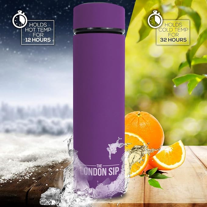 The London Sip Multi-Purpose Travel Mug and Tumbler Fruit Infused Flask Hot and Cold Double Wall Stainless Steel Thermos with Extra-Long Infuser, Purple