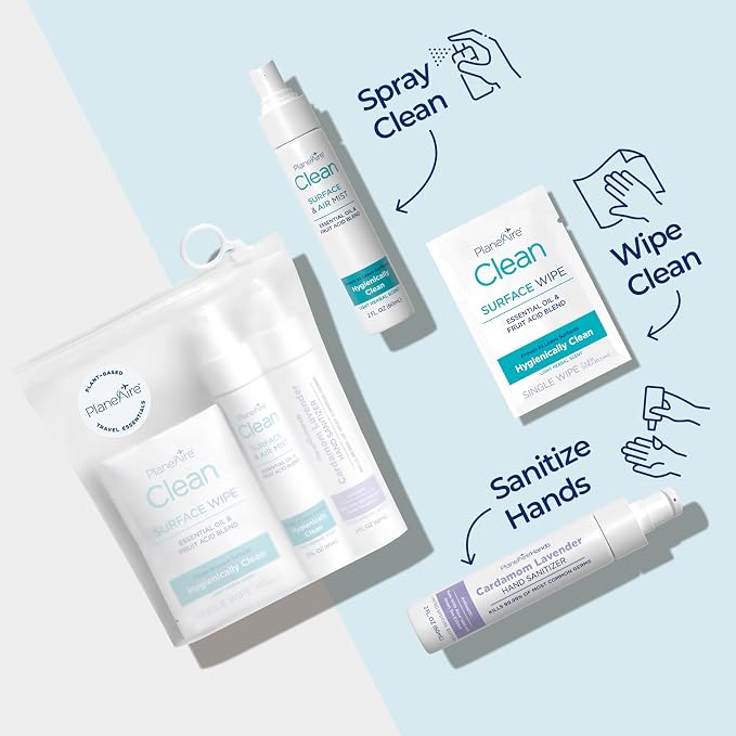Travel Essentials | Hygiene Kit | Travel Toiletry Kit | Travel Size | Lotion Hand Sanitizer Cardamom Lavender Scent | Surface Wipes | Individual Travel Wipes | Surface Cleaner | With Essential Oils