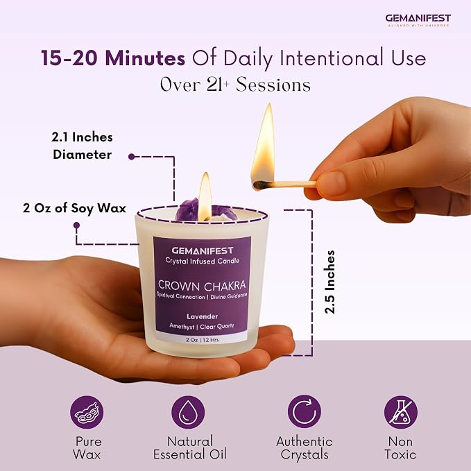 Crown Chakra Meditation Candle with Healing Crystals and Amethyst Bracelet Lavender Candles for Home Relaxing Candles for Women Stress Relief Spiritual Meditation Gifts for Women Men