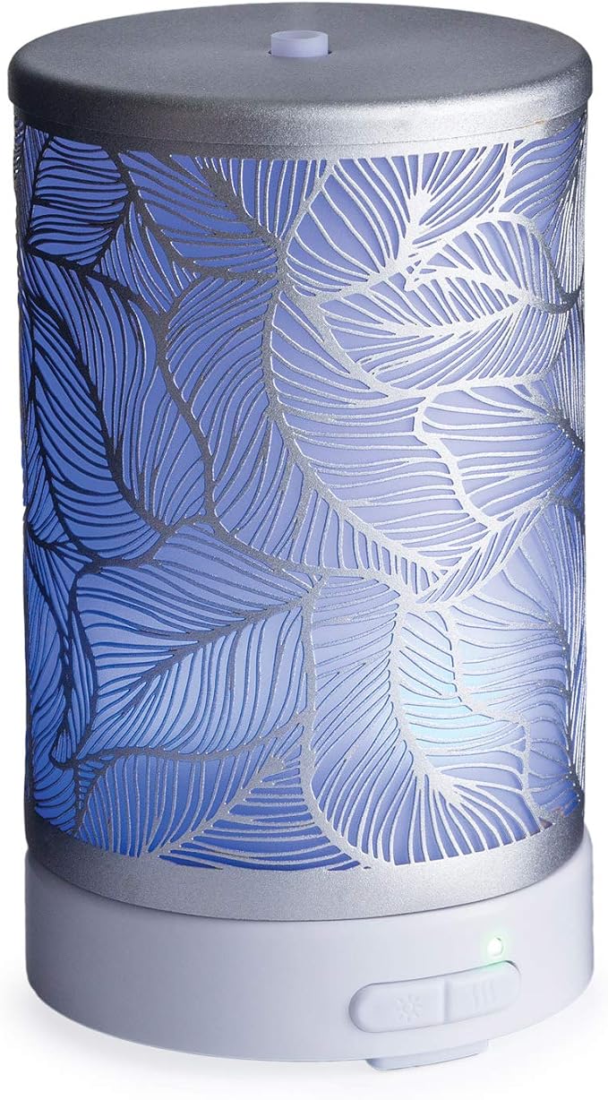Airome Silverleaf Medium Cut-Metal Essential Oil Diffuser|100 mL Humidifying Ultrasonic Aromatherapy Diffuser 8 Colorful LED Lights, Intermittent & Continual Mist, Auto Shut-Off, Silver