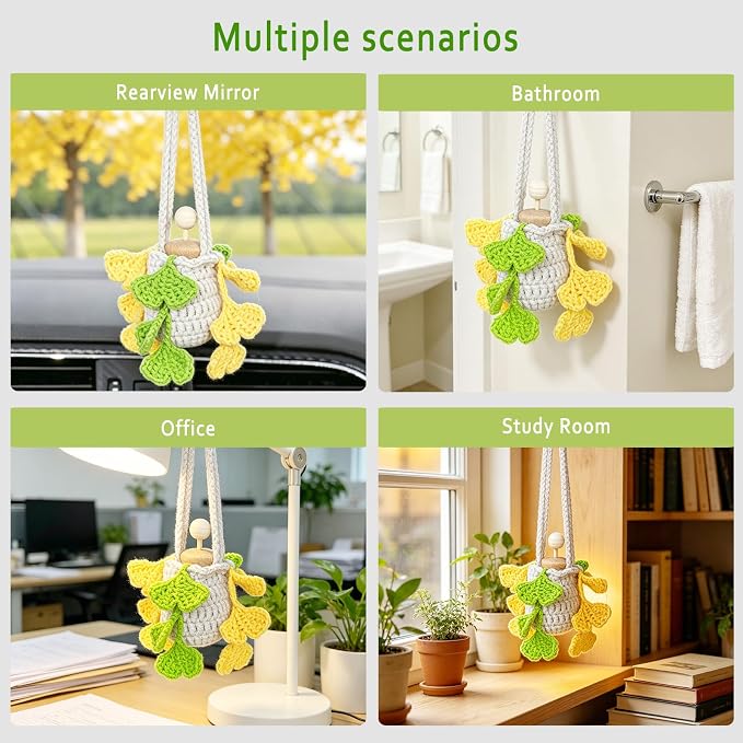Car Essential Oil Diffuser, 10ml Empty Refillable Bottle with Crochet Hanging Plant Rear View Mirror Accessories, Home Office Decor