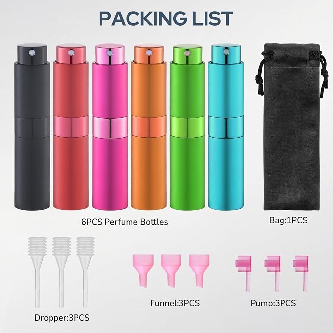 Lulupack Travel Perfume Bottle Refillable - Cologne Spray Atomizer Mini - Small Travel Size Empty Sprayer for Refill Sample Container - Portable Fragrance Decant Dispenser for Women Men 8ml 6PCS Pink