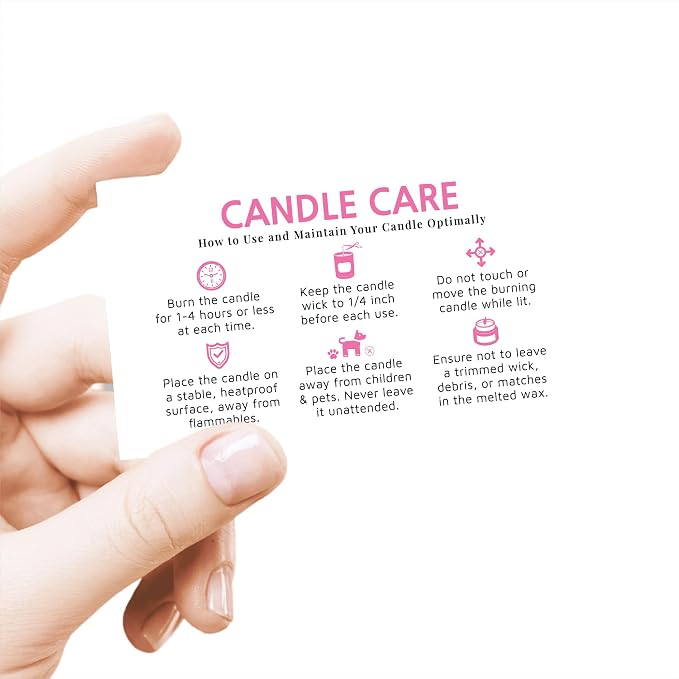 200 pack - Premium Handmade Candle Care Instruction Cards Pink 2x3.5 in, Small Business | Soy Bees Wax Melt, Candle Makers, Making Supplies Kit Set, Containers, Jars, Pot, Package