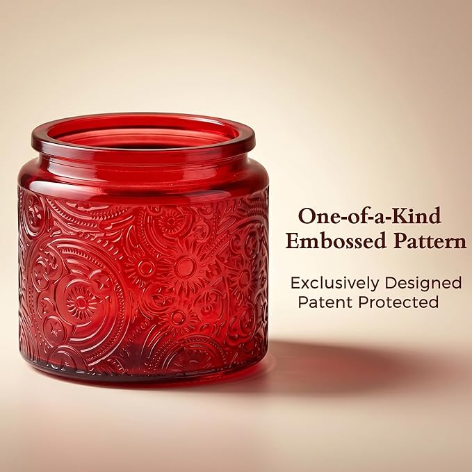 10 oz Red Sun Moon Stars Candle Jars with Metal Lids, 9 Pack | Patented Embossed Design, Includes Wick Centering Devices & Warning Labels, Multiple Color Options