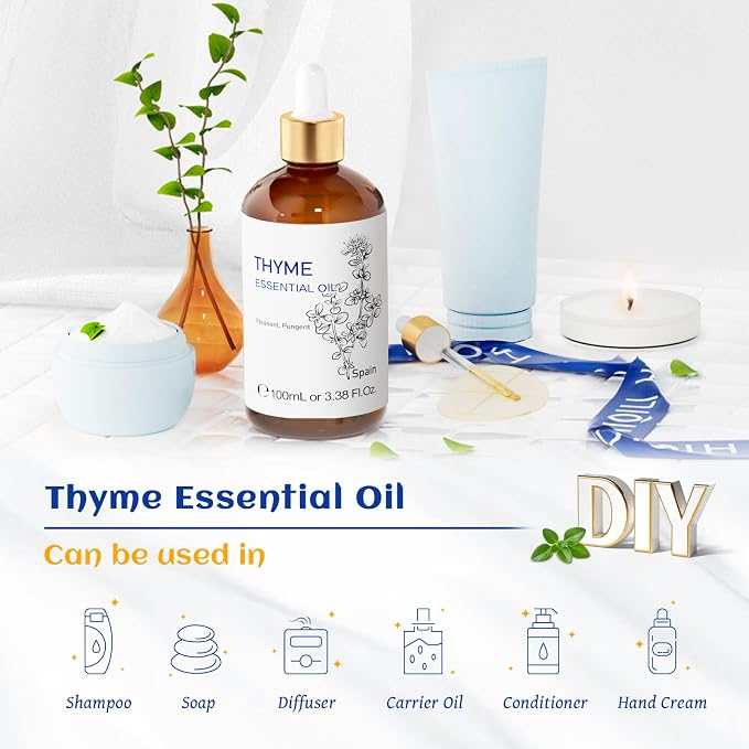 HIQILI 3.38 Fl Oz Thyme Essential Oil for Hair, Skin, Diffuser, Aromatherapy, Includes 10ML Travel Bottle - 100ML