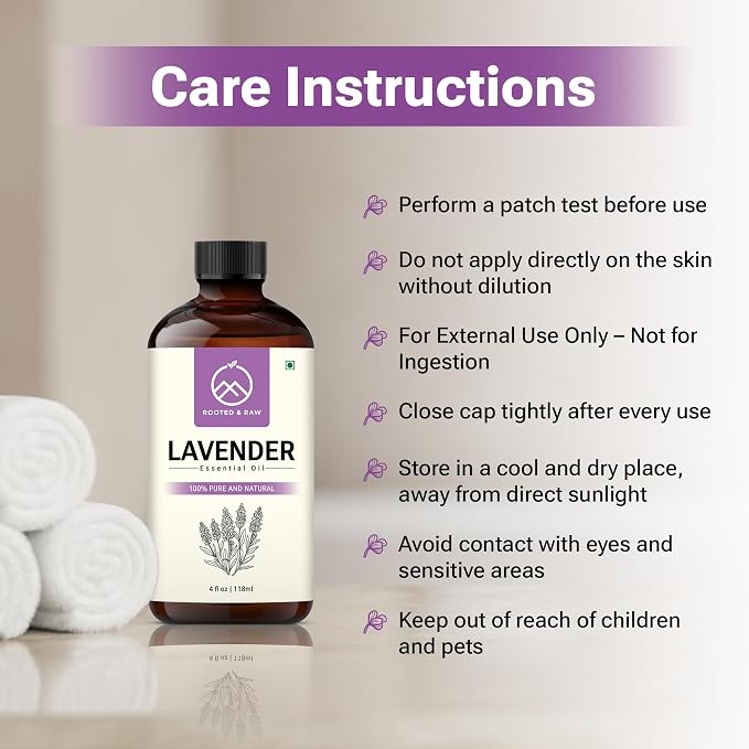 Lavender Essential Oil – Lavender Oil for Diffuser, Aromatherapy, Sleep, Skin & Hair – Large 4 fl oz with Glass Dropper – ROOTED & RAW