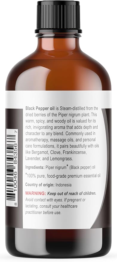 Viva Doria Black Pepper Essential Oil, 100% Pure, Natural Essential Oil, Undiluted, for Aromatherapy | Food Grade, 118 mL (4 Fluid Ounce)