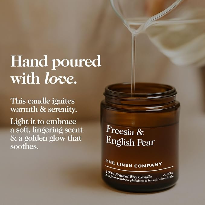 Hand Poured Non Toxic Candles - Freesia & English Pear Fall Candles with Premium Natural Wax - Aromatherapy Scented Candles with Wild Peonies, Sweet Amber & Vanilla Notes - 8.5 Oz, 45 Hrs Burn Time