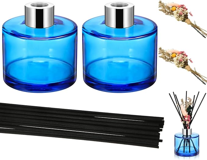 Rtteri 2 Reed Diffuser Sets Flower Oil Diffuser Sticks with Refill Empty 5oz Bottles Scent Glass for Fragrance Home Bathroom Gifts, Oil Not Included(Blue Color)