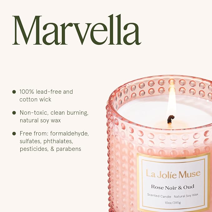 LA JOLIE MUSE Rose Noir & Oud Scented Candles for Home, Natural Soy 55 Hrs | Luxury Jar Candle, Floral Pink Candles, Clean Non Toxic, Decorative Candle for Candle Warmer, Gift for Women, Sandalwood Rose