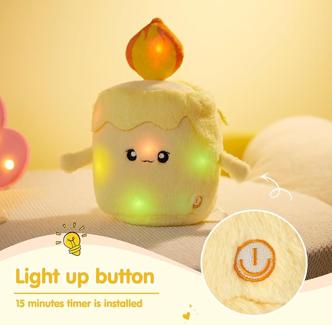 WEWILL Light up Candle LED Stuffed Animal Soft Nightlight Glow Candle Plush Toy Gifts for Kids Mom Girls Birthday Christmas, 10"