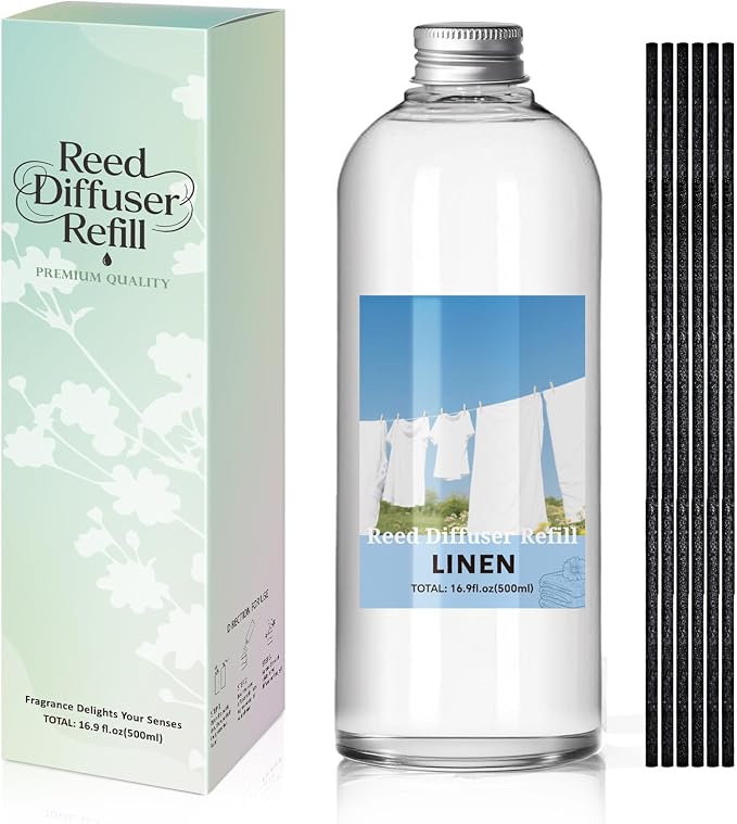 SCENTORINI Reed Diffuser Oil Refill, 16.9oz Linen Scented Essential Oil with 6 Sticks, Long Lasting Summer Home Fragrance for Large Space, Bathroom, Spa Room Aromatherapy, Hotel, Office Decor