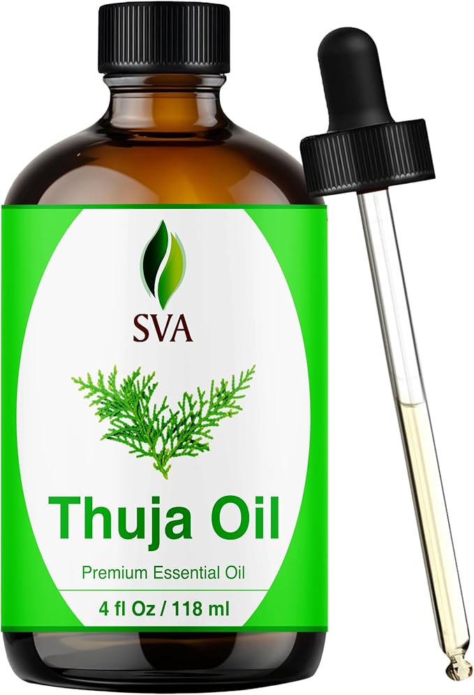 SVA Thuja Essential Oil – 4 Fl Oz – 100% Natural Thuja Oil - for Diffuser, Hair Care, Face, Skin Care, Aromatherapy, Scalp and Body Massage, Soap and Candle Making – with Dropper