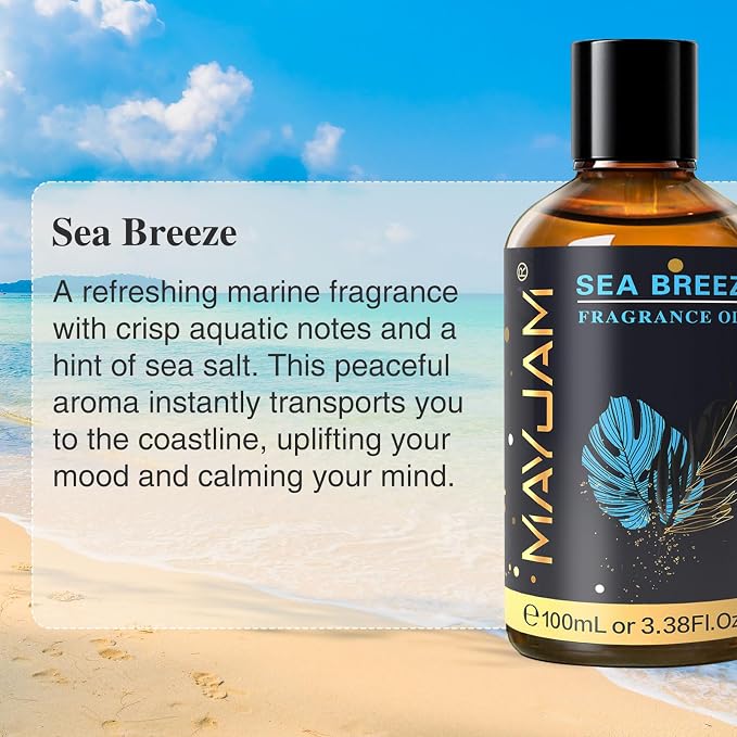 MAYJAM 100ML/3.38FL.OZ Sea Breeze Fragrance Oils with Glass Dropper, Essential Oils for Diffusers, Long Lasting Scented Oils for Soap Candle Making