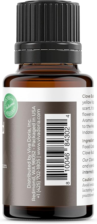 Viva Doria Clove Bud Essential Oil, 100% Pure, Natural Clove Essential Oil, Undiluted, for Aromatherapy | Food Grade, 15 mL (0.5 Fluid Ounce)