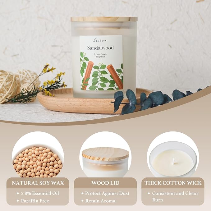 Sandalwood Scented Candle, 11oz 60 Hour Burn, Natural Soy Wax with Thick Cotton Wick, Highly Scented Aromatherapy Candle for Stress Relief & Meditation, Gifts for Women & Men