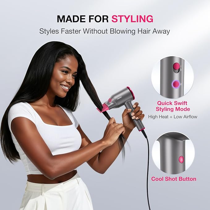 BABONIR Hair Dryer, 110,000 RPM High-Speed Brushless Motor for Fast Drying, 1875W Plasma Blow Dryer with Comb, Diffuser & Concentrator, 550 Million Ionic Hairdryer, Low Noise, for Travel, Salon (Gray)