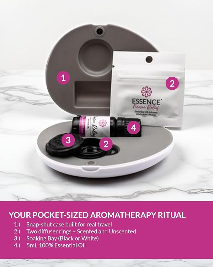 Essence Pearl Travel Case | Nausea Relief Essential Oil | Aromatherapy Nasal Diffuser & Essential Oil Carrying Case | Peppermint & Ginger Blend | Travel-Friendly Kit | Black Pod