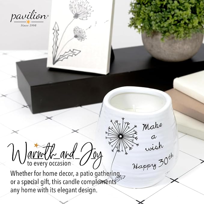 Pavilion Gift Company - 8 Oz Candle Holder - White Ceramic Candle Jar with 100% Soy Wax Candle Serenity Scent "Make a wish Happy 30th" Ideal Gift for Loved Ones - Printed Text, Love Theme & Oval Shape