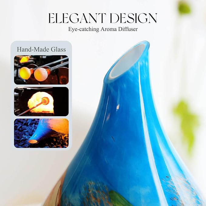Porseme 280ml Essential Oil Diffuser Glass Color Changing Aroma Air Diffusers Aromatherapy Ultrasonic Cool Mist Humidifier with Remote Control 7 Running Hours Waterless Auto-Off (Blue Grass)