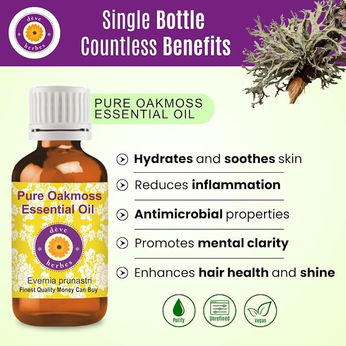 dève herbes Oakmoss Essential Oil (Evernia prunastri) Pure | Non-Sticky | Non-Greasy | Lightweight | Men & Women | All Skin Types | Steam Distilled 100ml (3.38 oz)