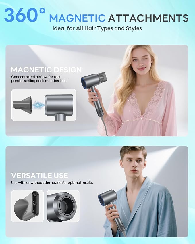 Hair Dryer, 110,000RPM Professional High-Speed Blow Dryer with Plasma Ion, Thermo-Control, 4 Heat & 2 Speed, Lightweight & Low Noise, Magnetic Nozzle for Fast Drying at Home, Travel & Salon
