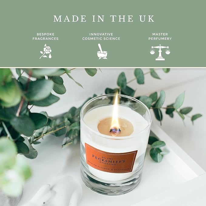 Pecksniff's Classic Gingerflower & Patchouli Scented Candle - Single Wick in Elegant Glass Vessel, 184g/6.49oz